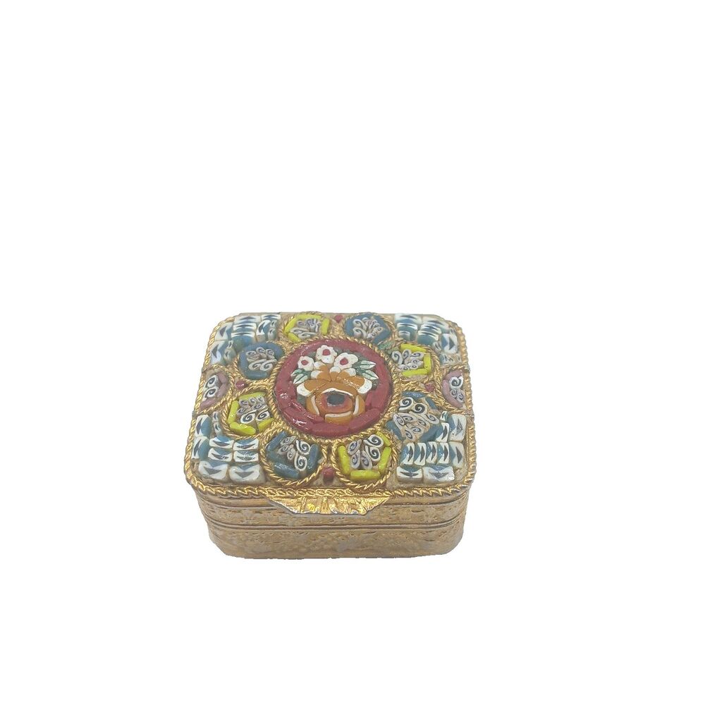 Vtg Micro Mosaic Flower Pill Trinket Box Gold Tone Repousse Embossed Sides 1x1.2